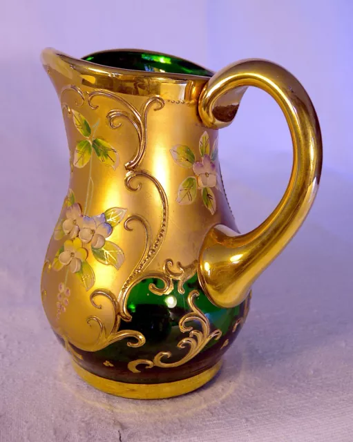 Vaso forma piccola brocca vetro di Murano Tre Fuochi verde e oro zecchino nuova 3