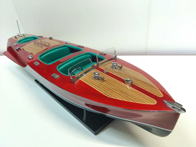 Bateau Riva En Bois - Maquette 89 Cm - Fait Main - Avec Présentoir