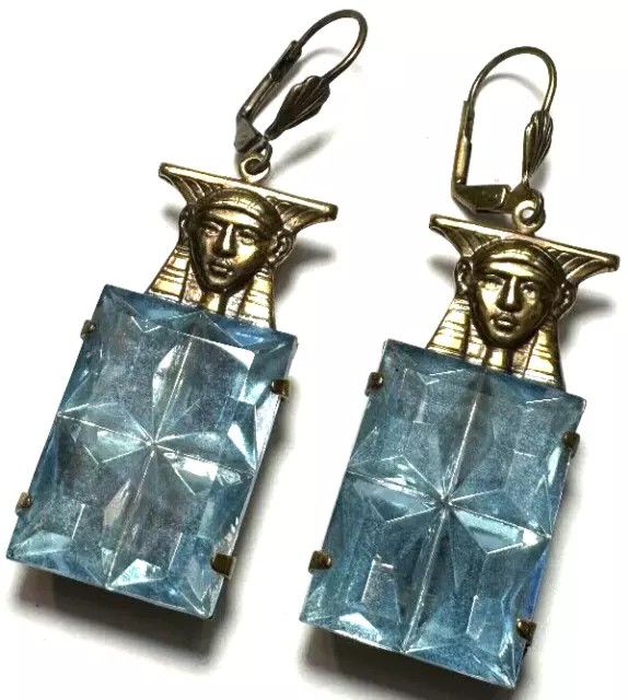 Vintage Jewelry Earrings Pierced SIGNED SADIE GREEN Blue Rhinestones Egyptian 31