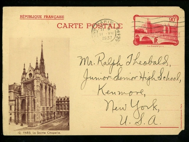 Postal History France H&G #119 Postal Card 7/2/1937 Paris to Kenmore NY USA