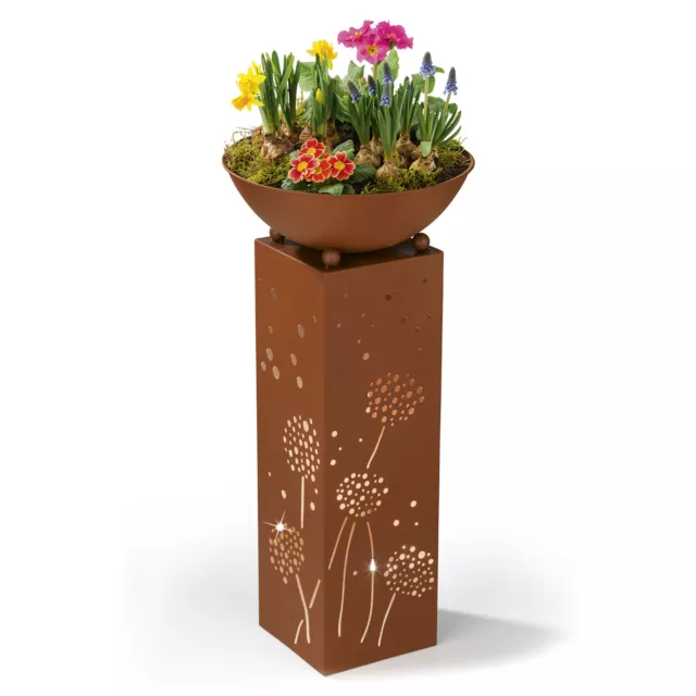 Dekosäule Pflanzschale Edelrost Design aus Metall 72cm Garten LED Beleuchtung