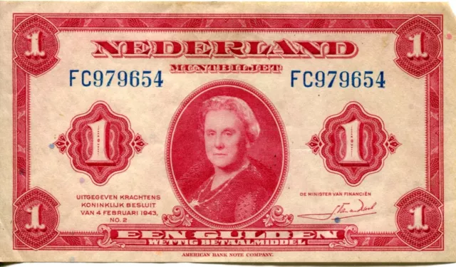 Netherlands 1 Guilder Een Gulden 1943 Banknote