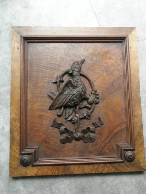 antique wall panel BLACK FOREST WOOD Hand Carved Trophy Bird Wall