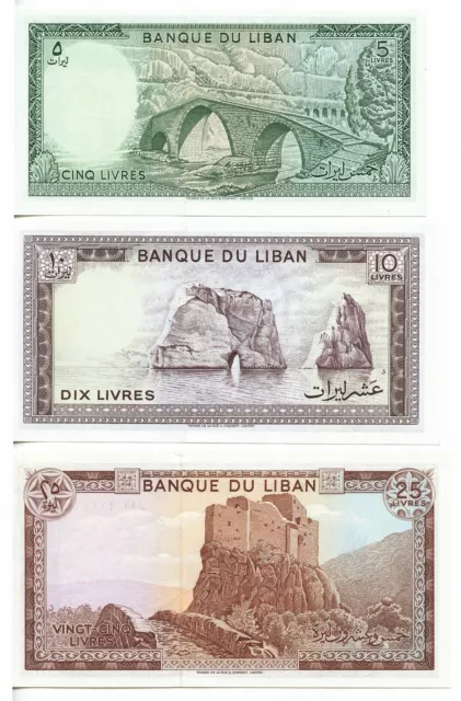 5 10 25 Livres Lot 3 Banknotes Banque Du Liban 80'S Fds