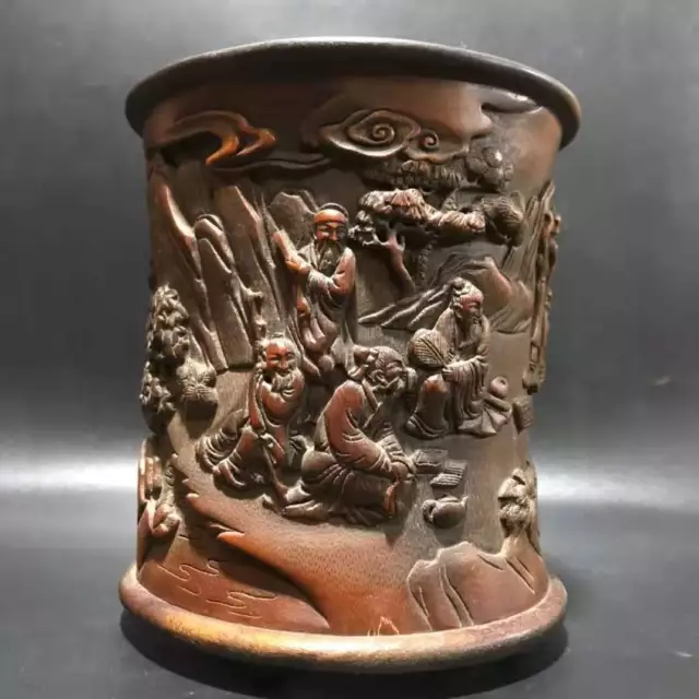 Chinese Natural Bamboo Hand carved Exquisite Figure Brush Pot 8770