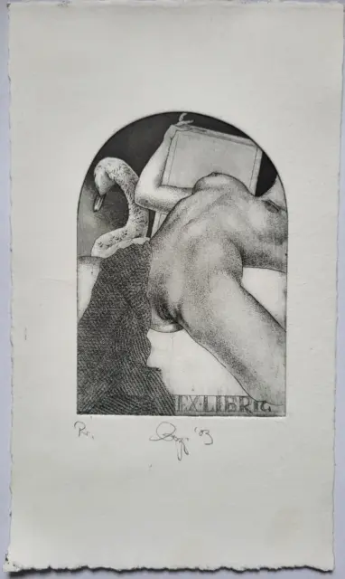 Original Radierung Exlibris Olaf Gropp Akt Erotik erotic nude signiert 2003