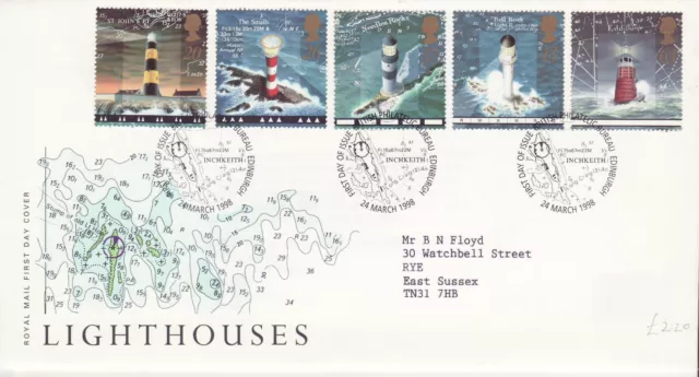 GB Stamps First Day Cover Lighthouses, RNLI, Storm, Boat SHS Sea Chart 1998