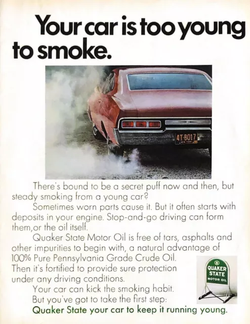 1968 Quaker State Motor Oil Vintage Print Ad Your Car Is Too Young To Smoke