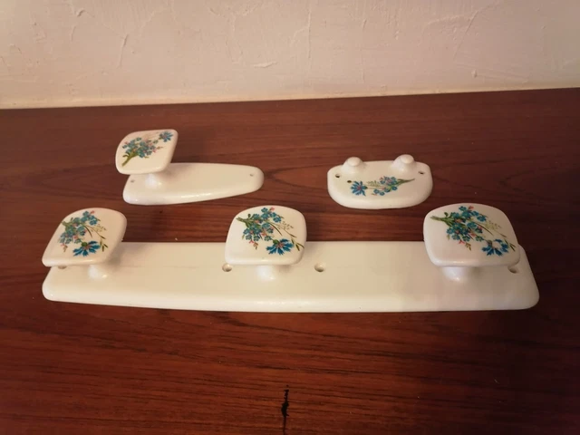 Lot Vintage SYLA : Porte-manteaux Fleurs Bleues + Porte-brosse à Dents + Gobelet - Salle De Bain Rétro