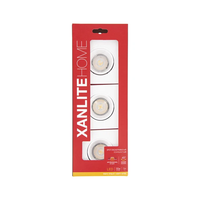 PACK 3 Spots LED encastrables carrés blancs 5W 2700K Blanc Chaud Xanlite Neufs