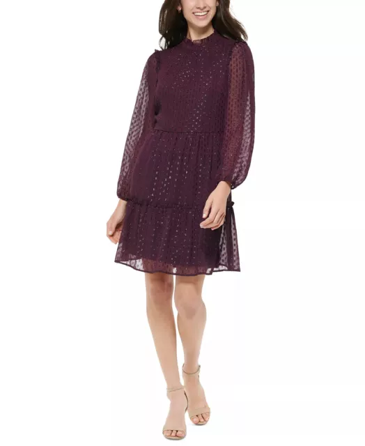 Tommy Hilfiger Fit & Flare Dress Size 12 Purple Chiffon Glitter Dot Long Sleeve