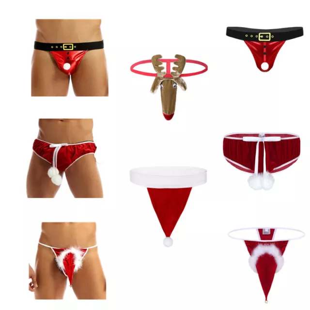 Mens Velvet Christmas Holiday Santa Claus G-String Thong Bikini Briefs Underwear