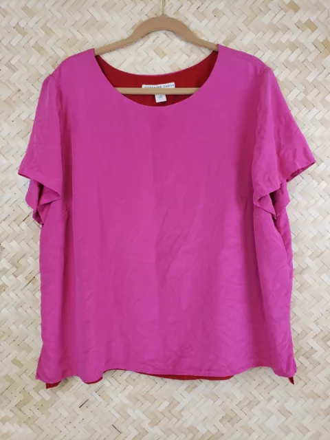 100% Silk Josephine Chaus Short Sleeve Blouse Top, Women Size 18, Hot Pink & Red