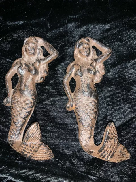 Set of 2 Mermaid Wall Hooks Towel Hat Coat Hook  Cast Iron Beach Decor