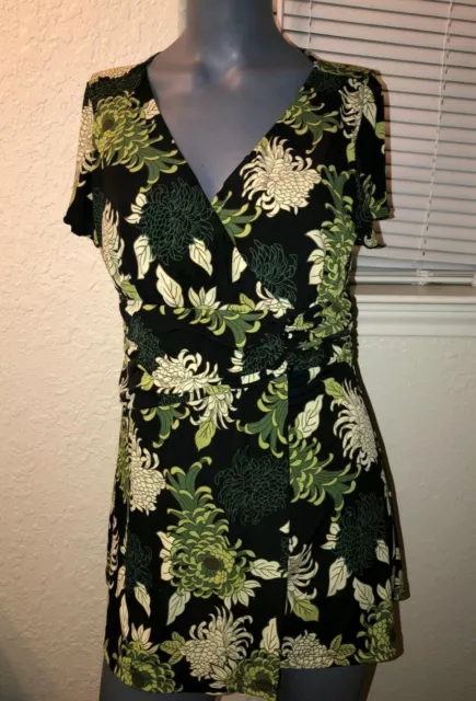 *Cocomo* Size M Women's Short Sleeve Faux Wrap Black Floral Top (1)