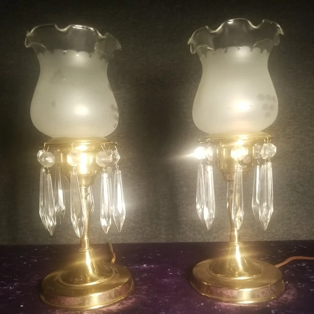 PAIR BRASS BOUDOIR LAMPS with Crystal Prisms FROSTED GLASS Mid-century, Working