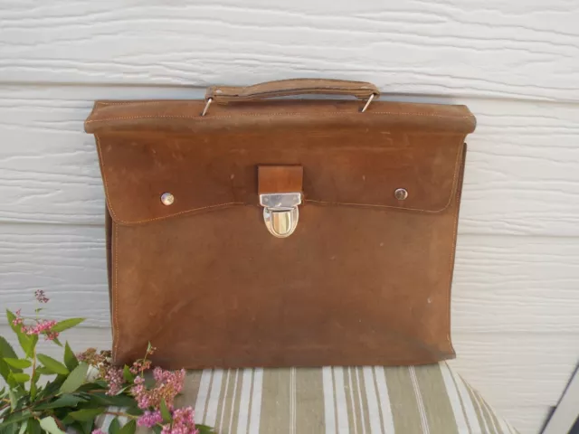 Ancienne Sacoche Cartable Ecolier Sac En Cuir Daim Marron Clair