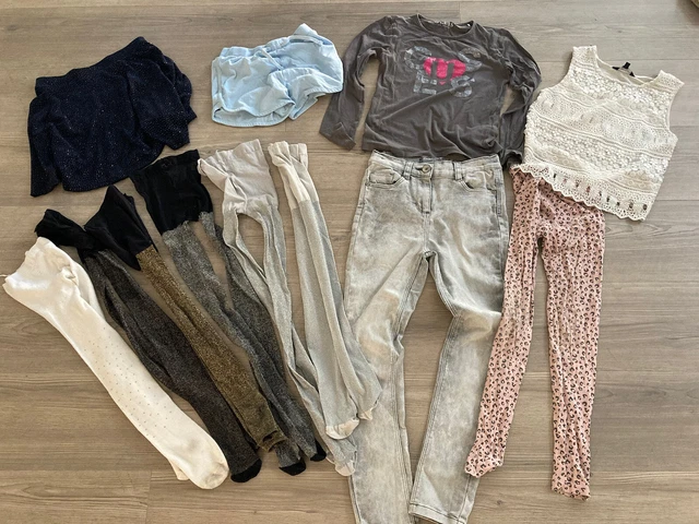 Pacchetto Ragazza 8-9 Anni Collant Glitter Vestiti Leggings Top Jeans Gonna