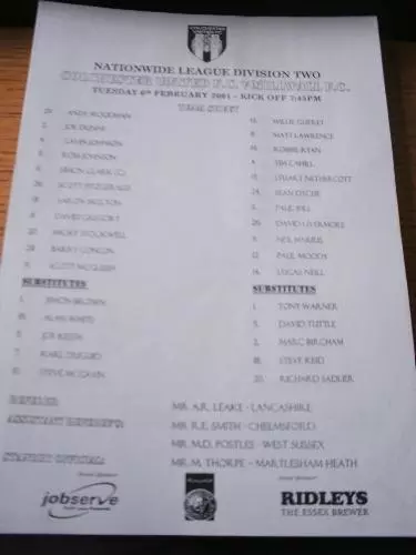 06/02/2001 Teamsheet: Colchester United v Millwall  . I