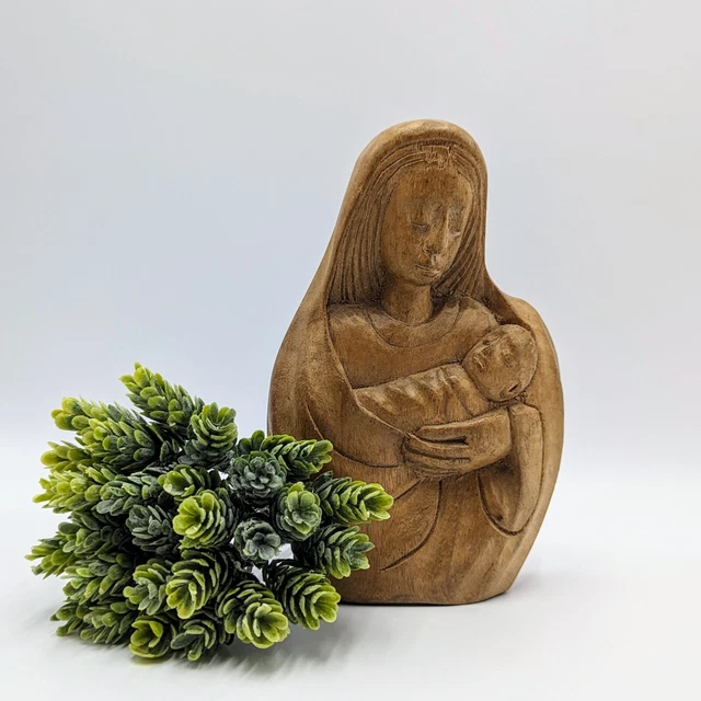 VINTAGE HAND CARVED Wood Mother Mary Jesus Madonna Child Statue 8" £19. ...