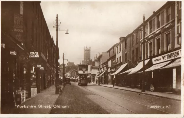 RP Postcard - Electric Tram, Shops, Yorkshire Street, Oldham, Manchester.