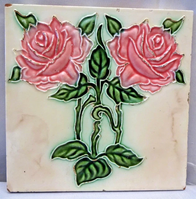 Tile Japan Art Dk Art Nouveau Majolica Vintage Two Rose Design Collectibles # 64