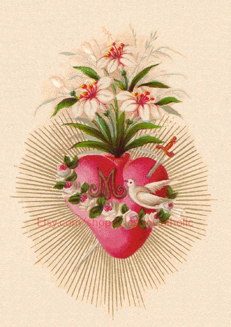 OUR LADY OF the Sacred Heart –8.5x11" based on a Vintage Holy Card ...