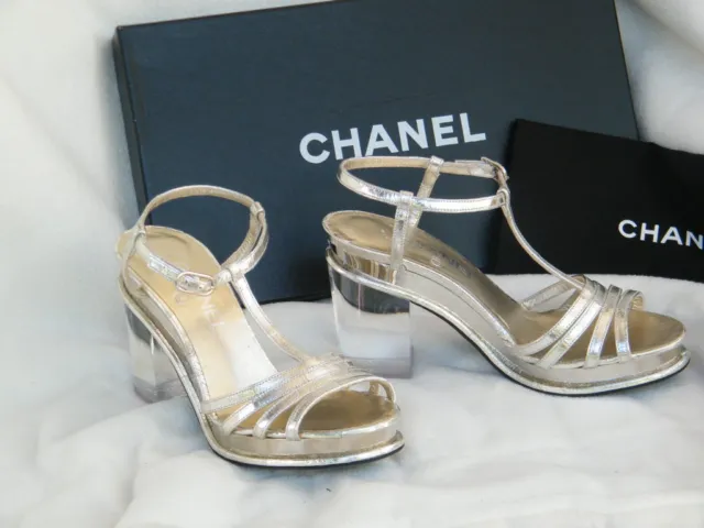 CHANEL SHOES SANDALS heels lucite heel 39.5 9.5 silver argent clair $979.99  - PicClick
