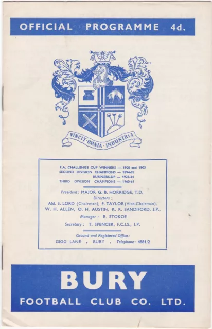 1964/1965 Bury v Preston North End (27/11/64) Division 2. No Writing. No Fold