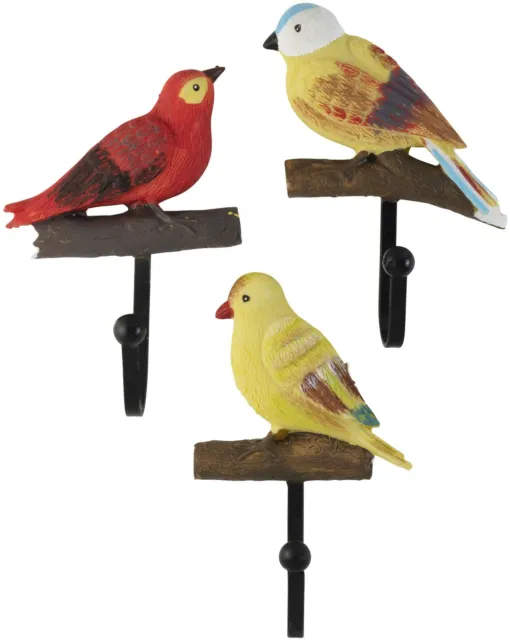 Decorative Rustic Colorful Birds On a Branch Resin Wall Coat Hooks (Set of 3)