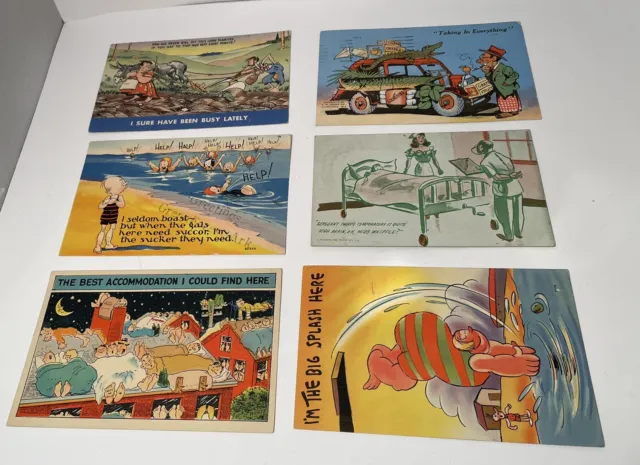 Vintage 1940s Lot Of 6 - Humorous Cheeky Color Cartoon Linen Postcards W/ Stamps