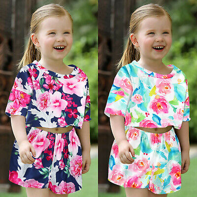 Baby Toddler Kids Girls Floral Outfits Short Sleeve Cropped Shirt Top Shorts Set