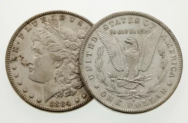 1884 & 1884-O Plateado Morgan Dólar Lote De 2 Monedas En Au Estado