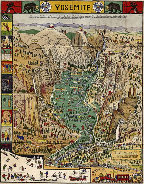 Yosemite National Park Decorative Pictorial Wall Map Jo Mora Art Poster Print