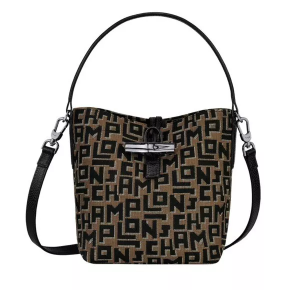 Longchamp Roseau Bucket Bag NWT Signature Monogram Taupe Black Silver