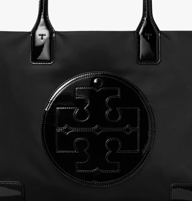 TORY BURCH SMALL ELLA PATENT TOTE BAG - Black Patent/Nylon