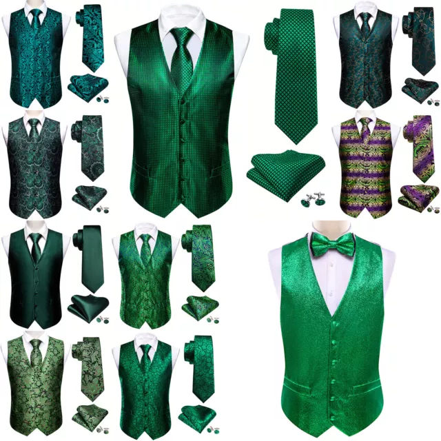 Mens Waistcoat Green Paisley Floral Silk Vest Tie Set St.Patrick's Day Suit Coat