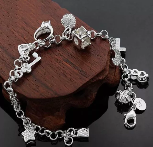 Bracciale Amore Cuore Donna placc. Argento 925 - 13 charms + orecchini in regalo