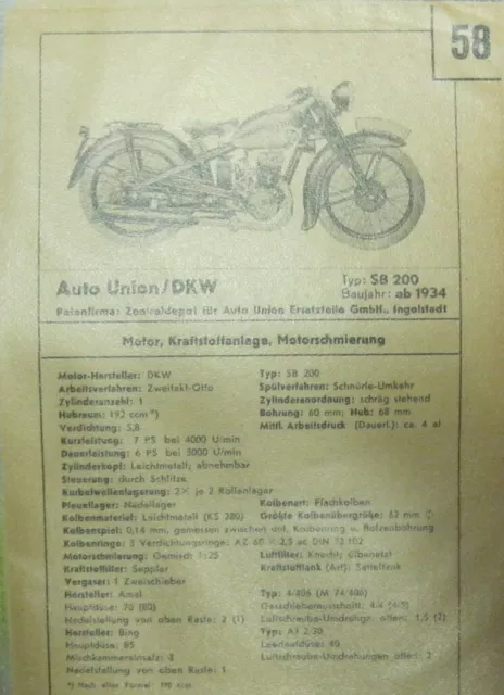 * DKW SB 200 ab 1938  Datenblatt Typenblatt + Wartung Pflegedienst original