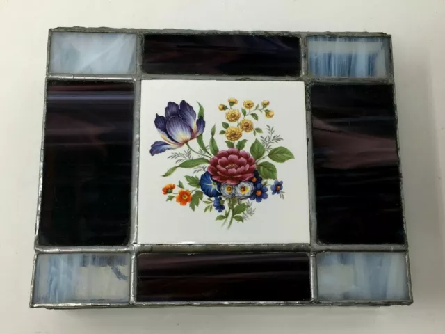 Vintage Leaded Stained Slag Glass and Tile Jewelry Trinket Box