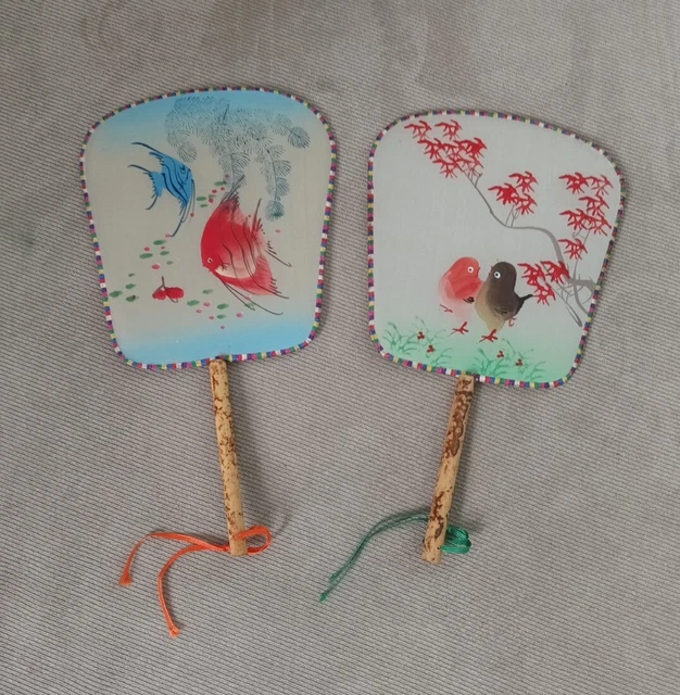 (2) Vintage Asian / Chinese Silk Hand Painted Paddle Fans Floral Bamboo Handle