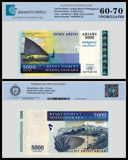 Madagascar 5000 Ariary, 2008 ND, P-94a, UNC, Commemorative, Authenticated