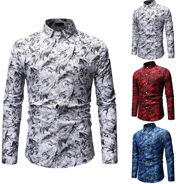 Camicie formali alla moda slim fit da uomo maniche lunghe stampa top abbottonato