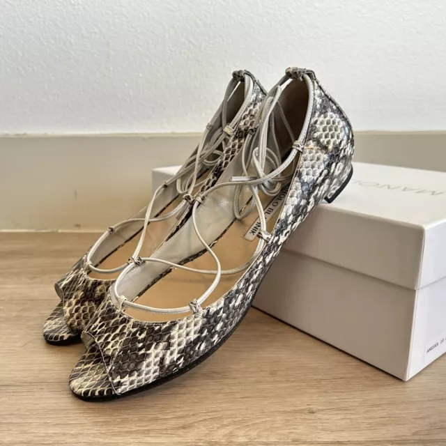 MANOLO BLAHNIK Aneska Ivory Brown Snakeskin Lace Up Open Toe Flats, Size 38