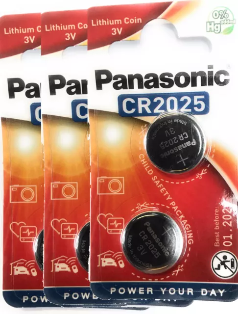 6 x Panasonic CR 2025 3V 3 x 2er Blister Batterie Lithium Knopfzelle 165mAh