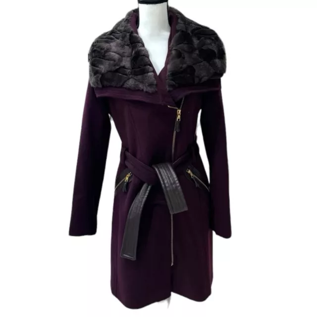 VIA SPIGA Faux-Fur-Collar Asymmetrical Belted Coat Burgundy Women’s 8