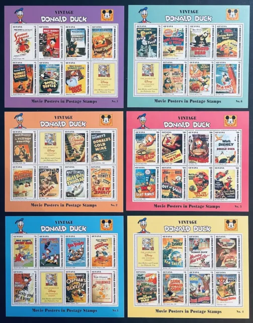 Guyana 6 Vintage Donald Duck Disney Movie Posters Stamps Sheets Labels Mnh '93