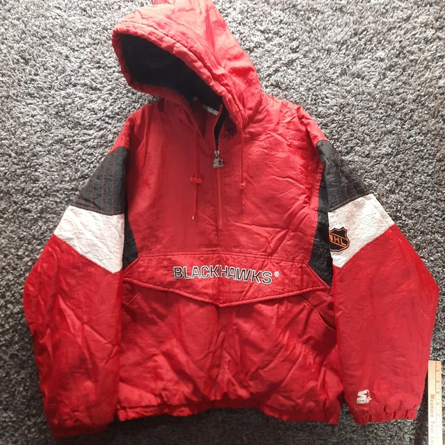 Vintage Chicago Blackhawks Starter Pullover Hooded Jacket Adult XL Red 1/2 Zip