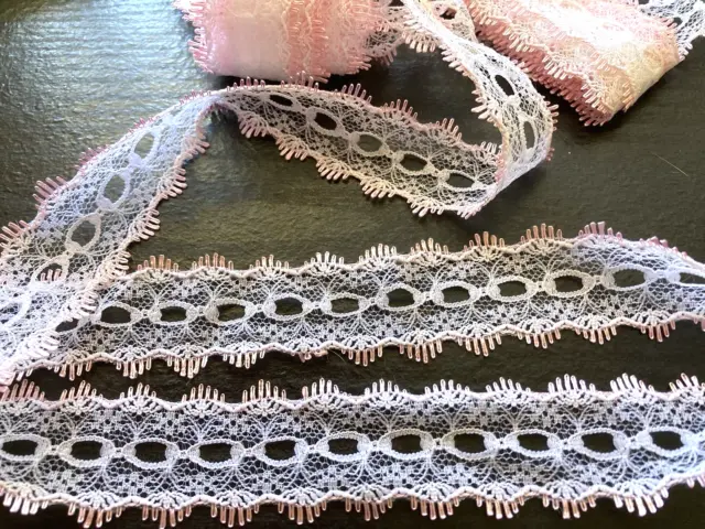 Eyelet/knitting in lace white with pink edge 6 metres x 37mm wide