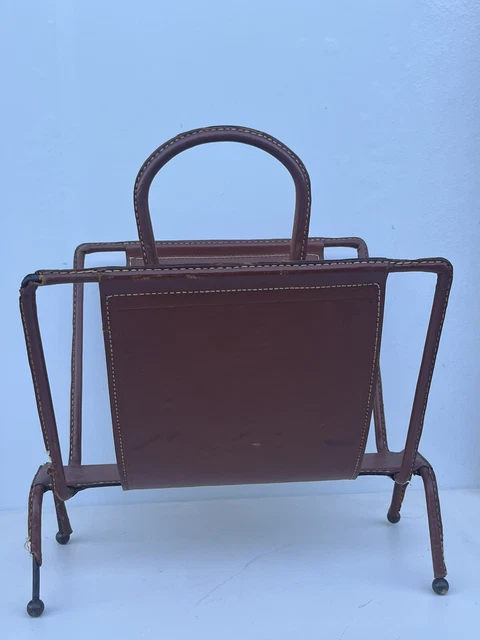 Porte-revues Vintage En Cuir – Style Jacques Adnet – Design Moderniste – Marron